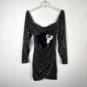 Boohoo Sequins Cut Out‎ Twist Mini Dress 8 Black Long Sleeve Club Party Sexy NEW